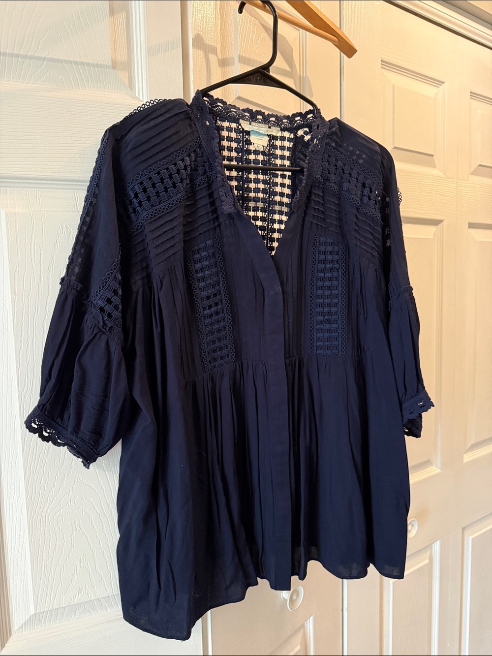 Women's Navy Crochet Trim Peasant Blouse